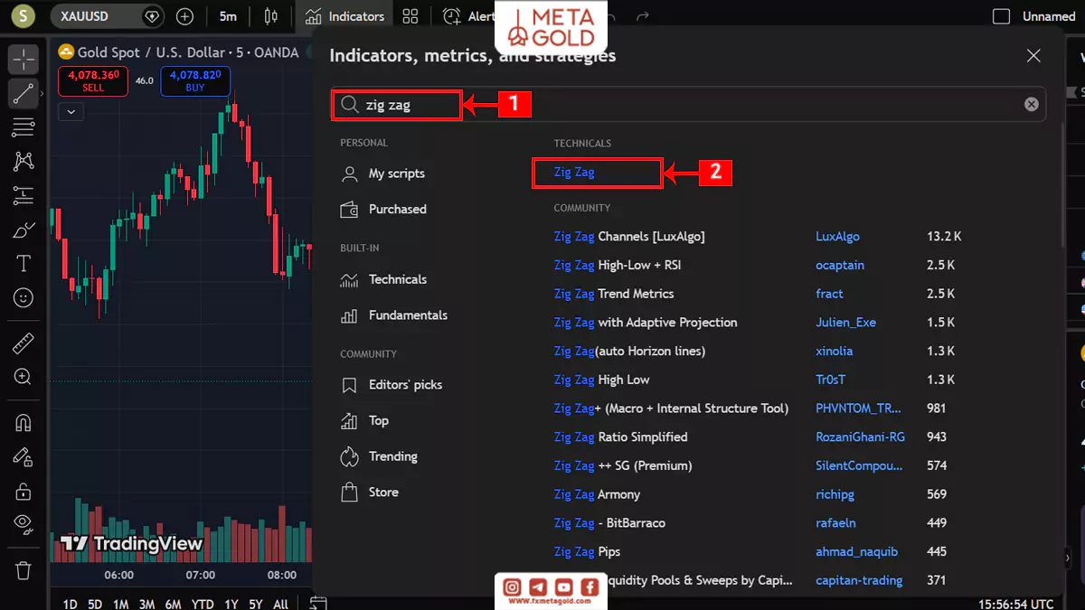 جست‌وجوی عبارت Zig Zag و انتخاب نسخه داخلی اندیکاتور زیگزاگ در پنجره Indicators تریدینگ ویو