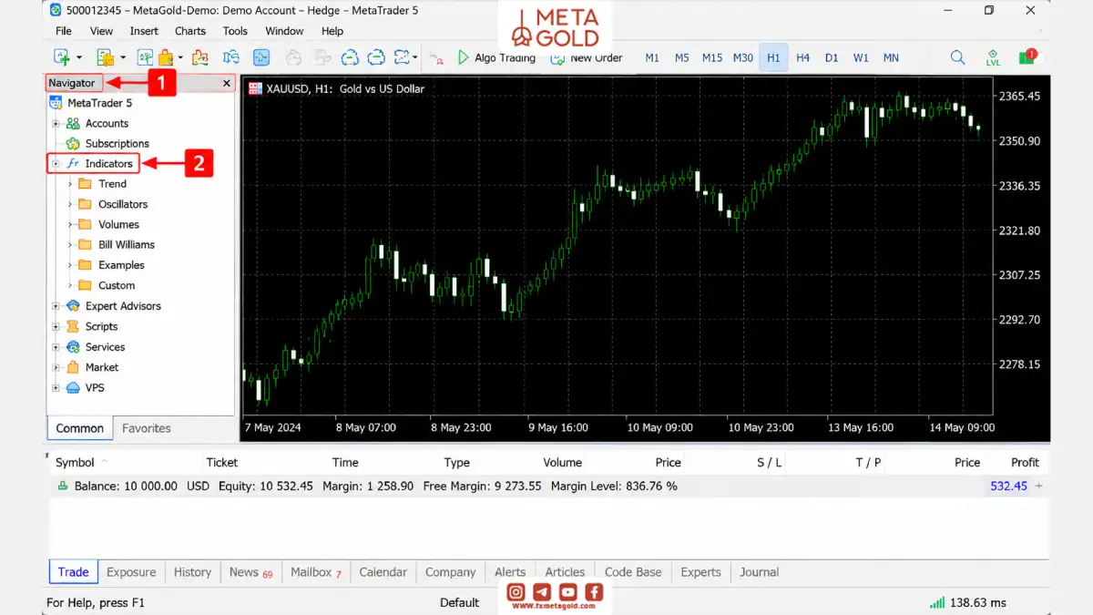 بازکردن پوشه Indicators در پنجره Navigator متاتریدر ۵