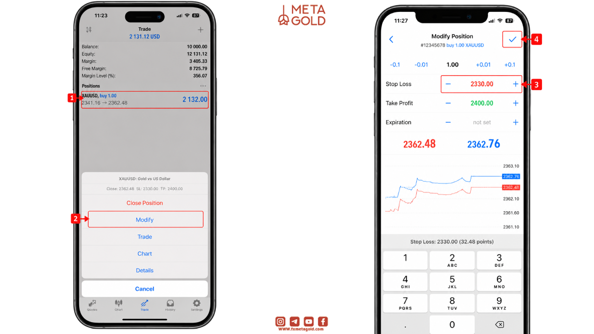 اسکرین شات از مراحل تغییر استاپ لاس پوزیشن باز در موبایل