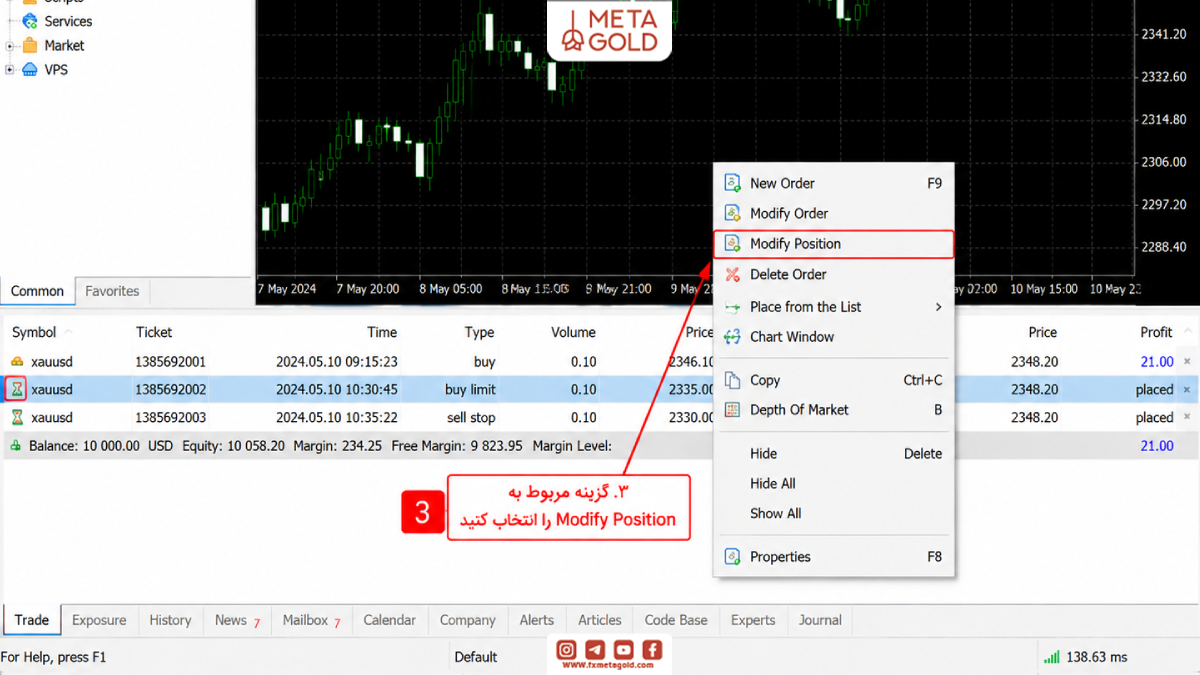 اسکرین شات از کلیک Modify Position در متاتریدر 5